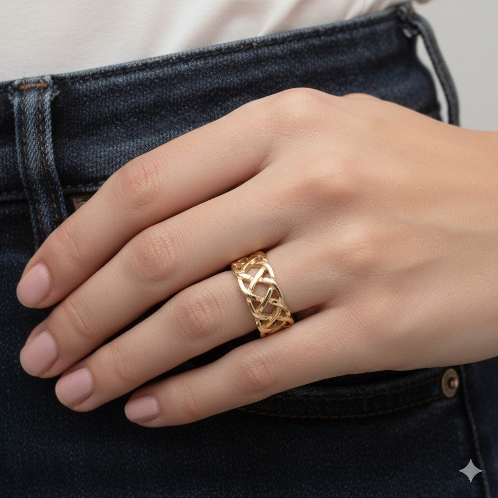18ct Gold Celtic Band Ring on Solid Sterling Silver 925 Hallmark Size J - V