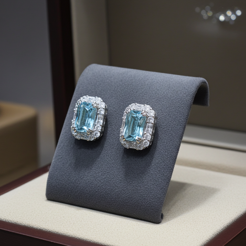 Blue Topaz Cluster Earrings Solid Sterling Silver 925 Hallmark Rhodium Finish