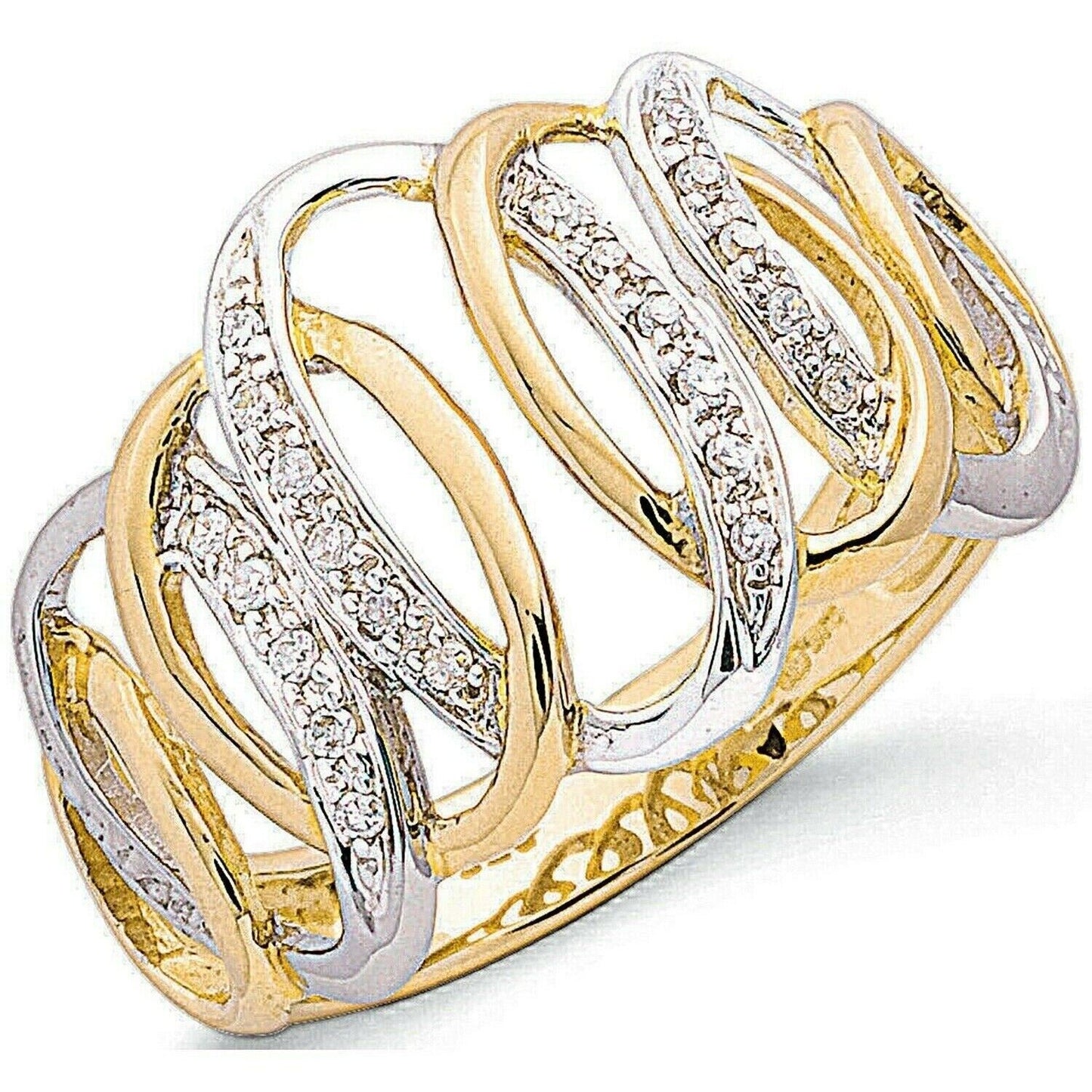 9ct Two Colour Gold Real Diamond Ring Wide Cocktail Dress Engagement Statement