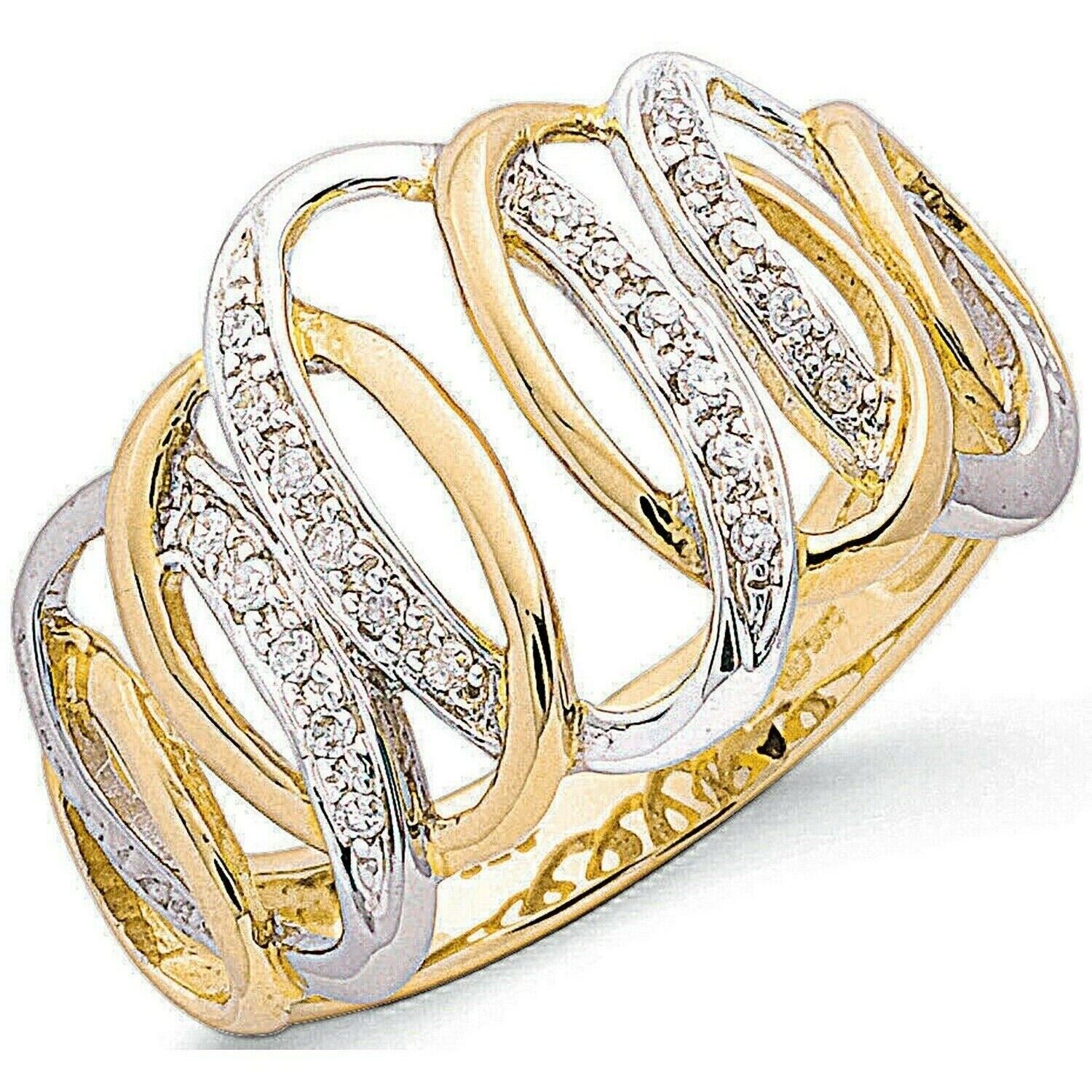 9ct Two Colour Gold Real Diamond Ring Wide Cocktail Dress Engagement Statement