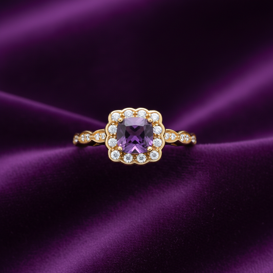 18ct Gold Amethyst Cushion Ring on Solid Sterling Silver 925 Hallmark Size K - S