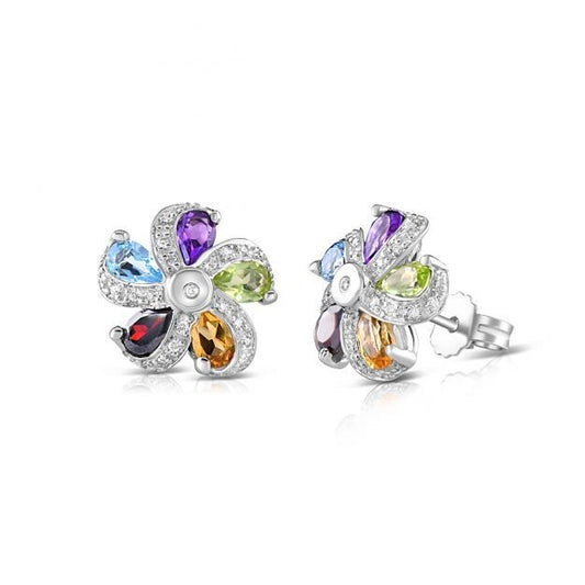 Multi Colour Gems and Diamond Flower Cluster Earrings 9ct White Gold 12.6mm