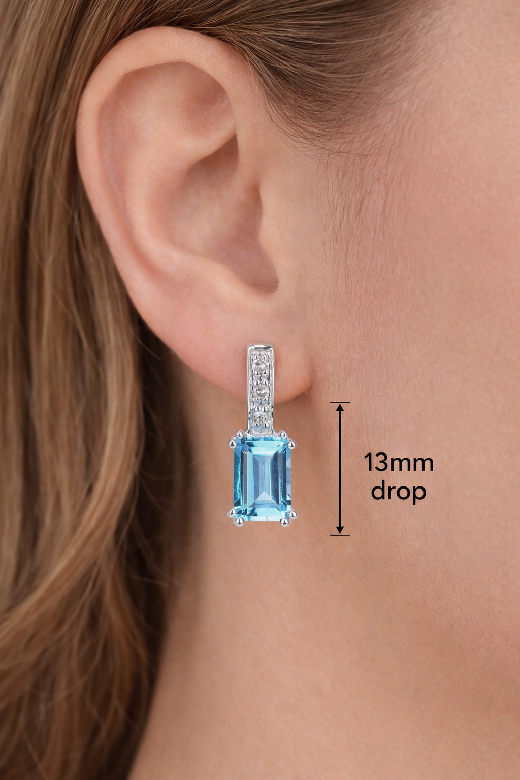 Natural Blue Topaz and Diamond Earrings Solid 9ct White Gold Drops Hallmarked