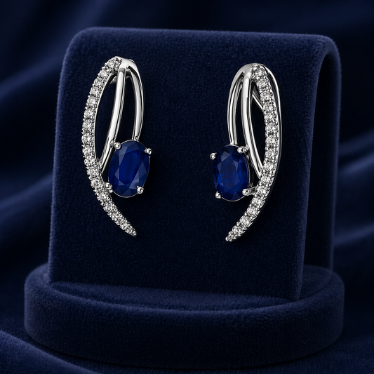 Oval Natural Blue Sapphire and Diamond Stud Earrings 9ct White Gold Omega Clip