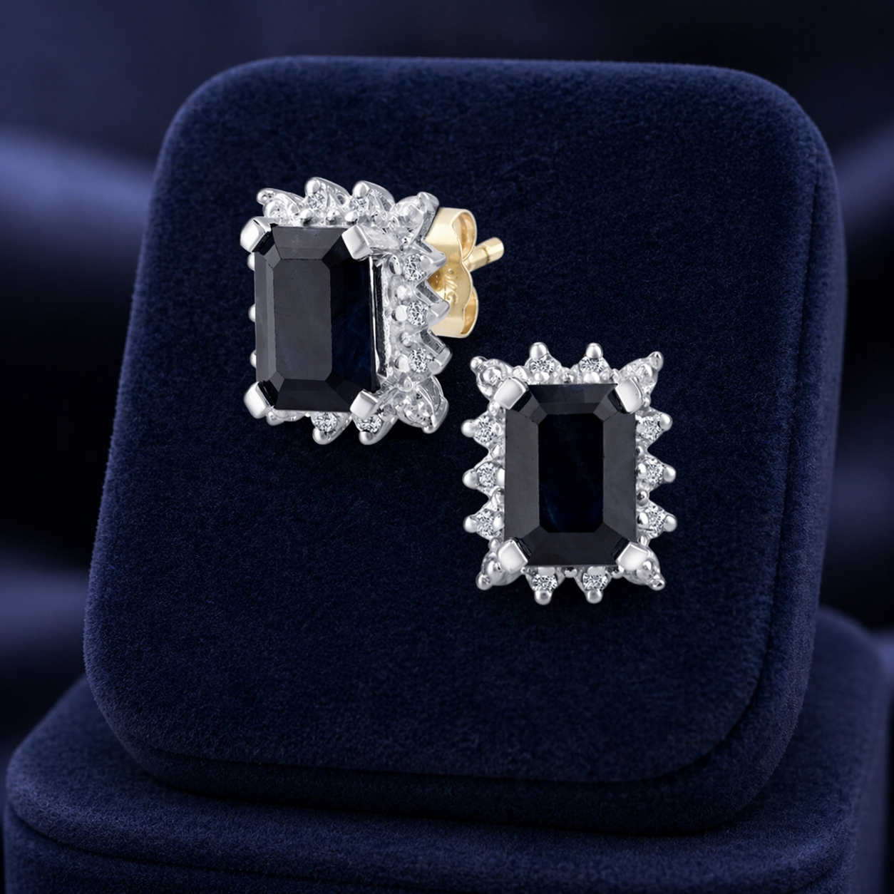 Natural Sapphire and Diamond Stud Emerald Cut Earrings 9ct Yellow Gold