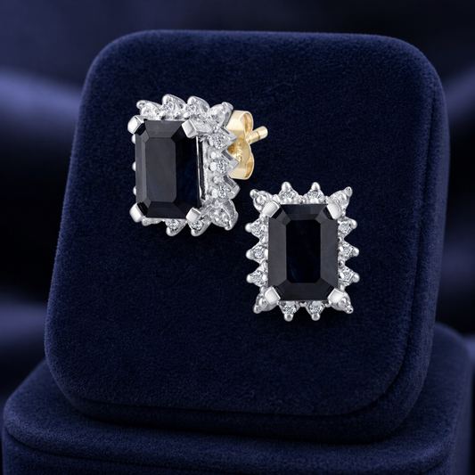 Natural Sapphire and Diamond Stud Emerald Cut Earrings 9ct Yellow Gold