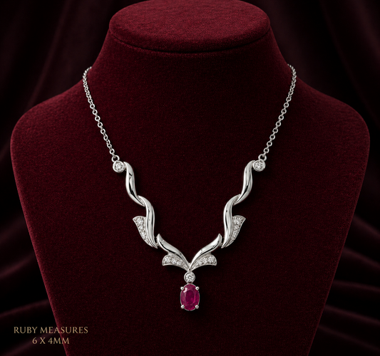 9ct White Gold Natural Ruby Necklace With Diamonds 16.5" 42cm Length Chain