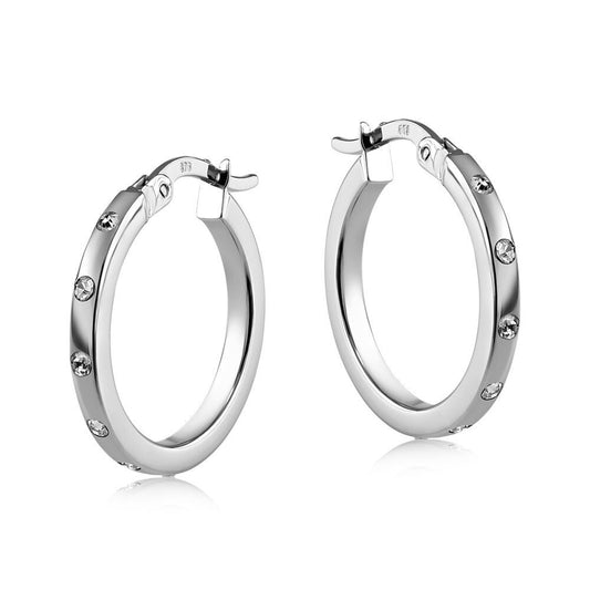 White Gold Gemstone Hoop Earrings 19mm Creole Hoops Round Cut Zircon Hallmark