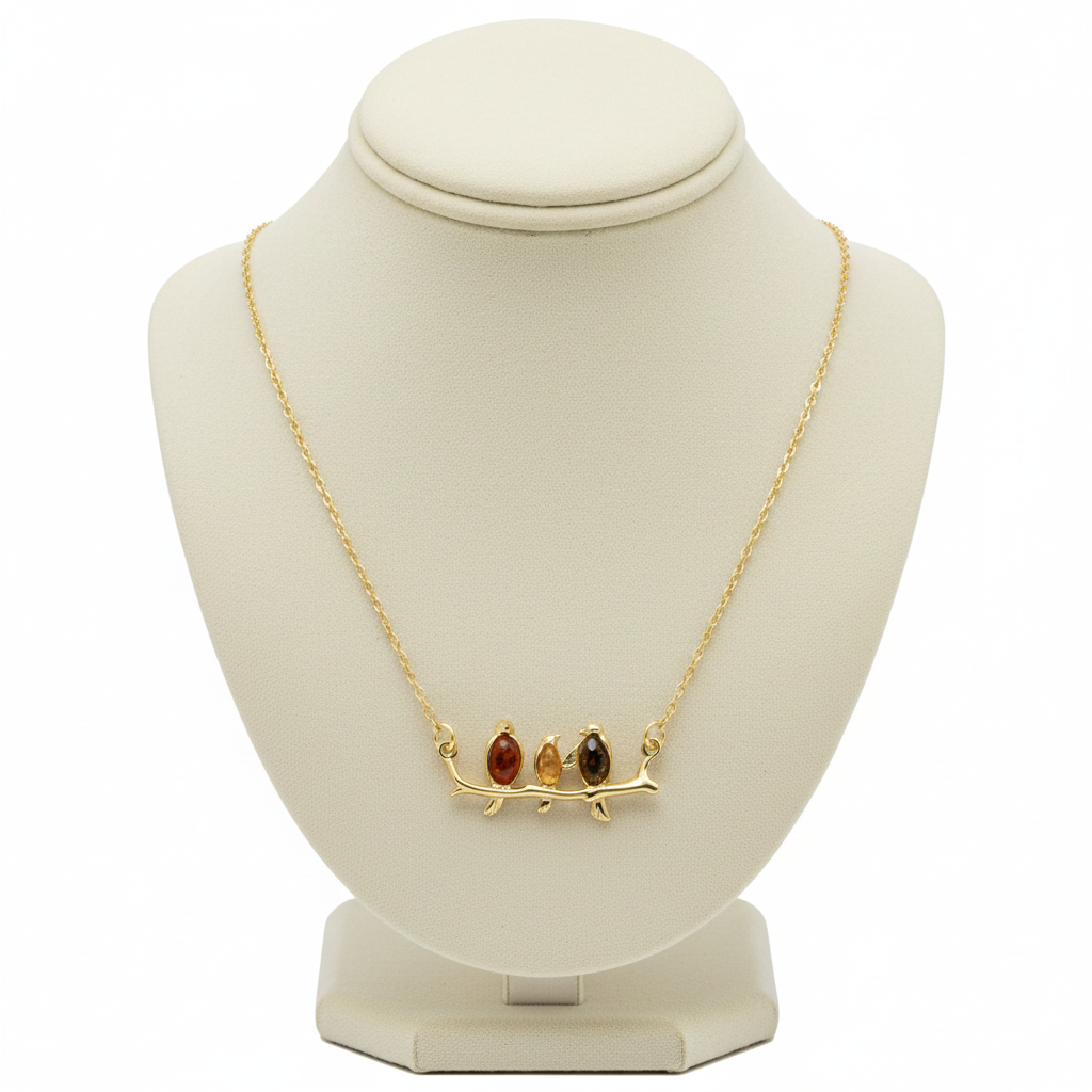 Natural Amber Bird Necklace 18ct Gold on Sterling Silver 925 Hallmark 16" Length