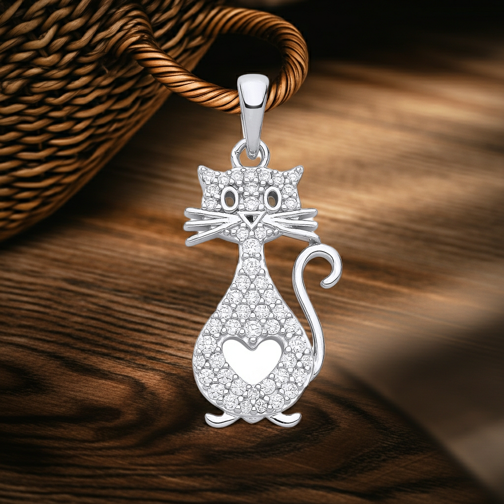 Zircon Cat Pendant Solid Sterling Silver 925 Hallmark 18" Chain