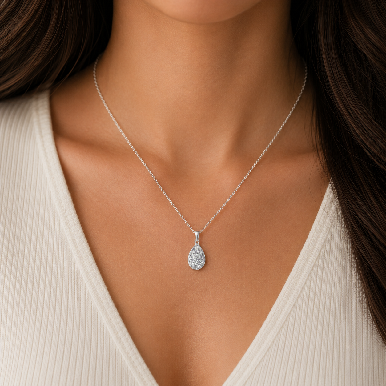 Natural Diamond Pear Pendant 9ct White Gold 18" Chain Hallmark British Made
