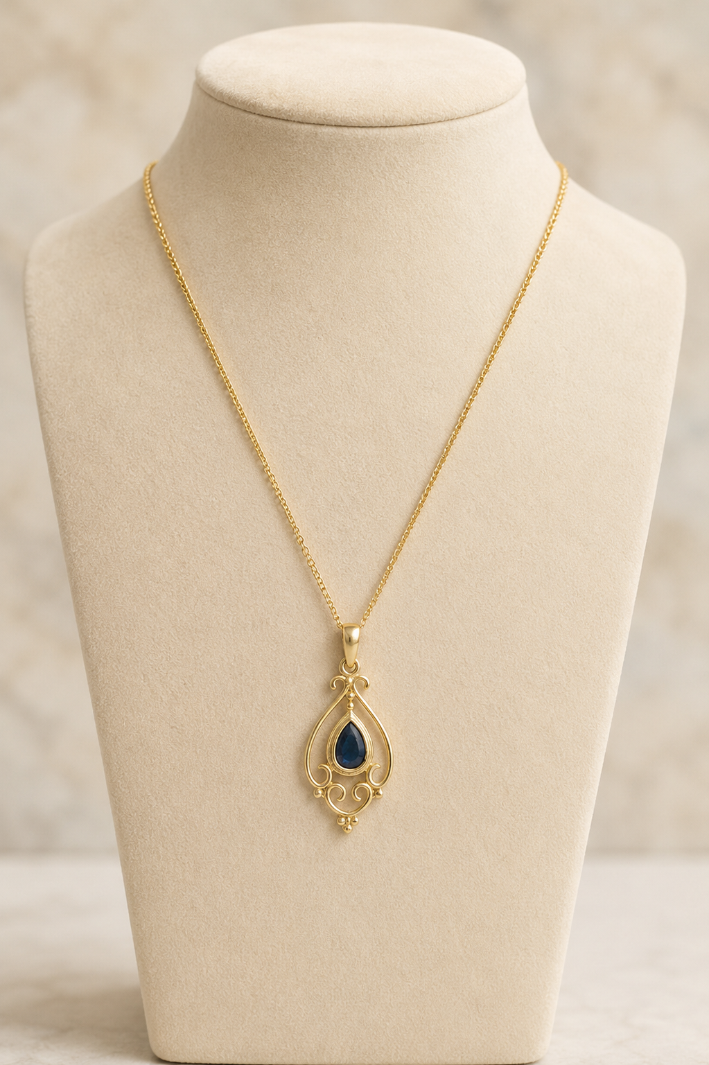 Elegant Gold Filigree Sapphire Teardrop Necklace & Earrings Jewellery Set