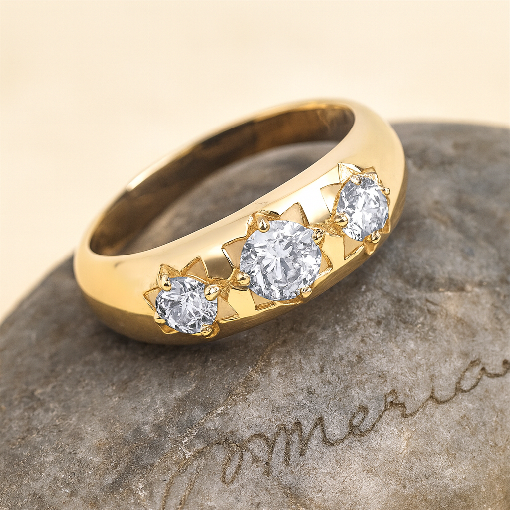 Gents Three Stone Ring 18ct Gold on Solid Sterling Silver Hallmarked Size P-Z+1