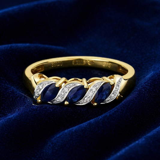 Sapphire and Diamond Ring Solid Yellow Gold Marquise Three Stone Size J-Q