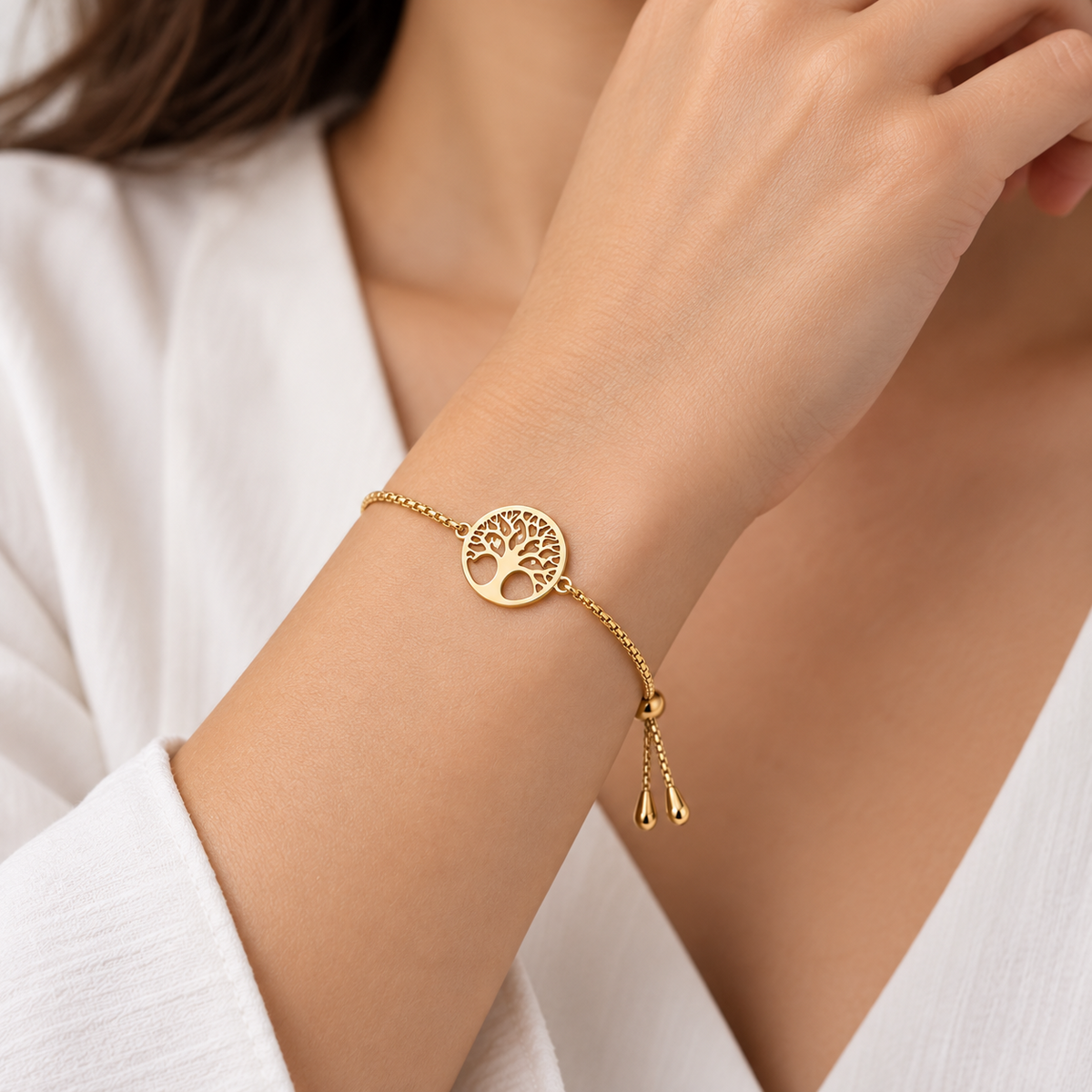 18ct Gold Adjustable Bolo Slider Bracelet Tree of Life on Sterling Silver 925