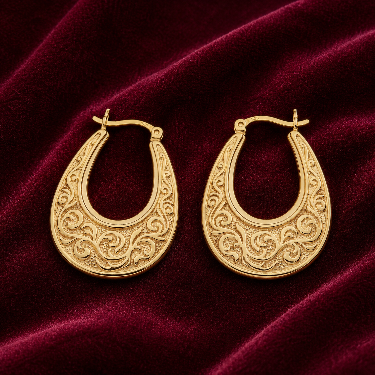 Scrollwork Filigree Oval Creole Hoop Earrings 18ct Gold on Sterling Silver 32mm