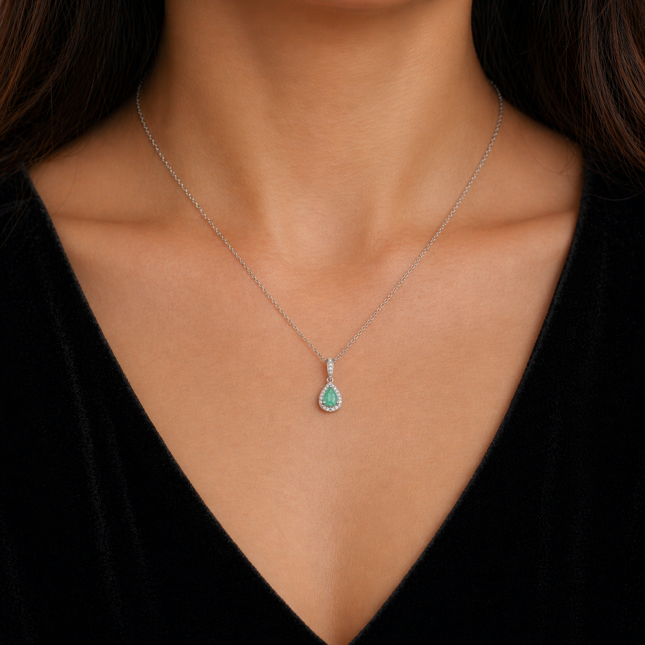 Emerald Pear Halo Pendant Real Diamond Solid White Gold 18" 46cm Length Chain