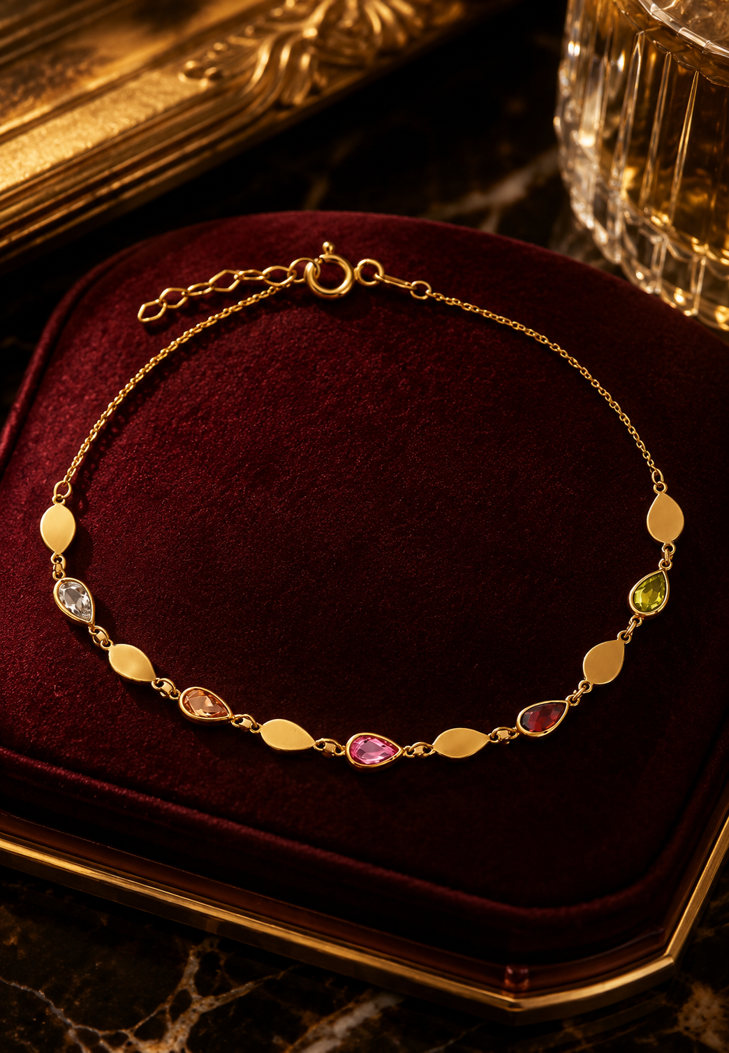 Multicolour Pear Gemstone Station Bracelet Yellow Gold 375 Hallmark 17.5-19cm