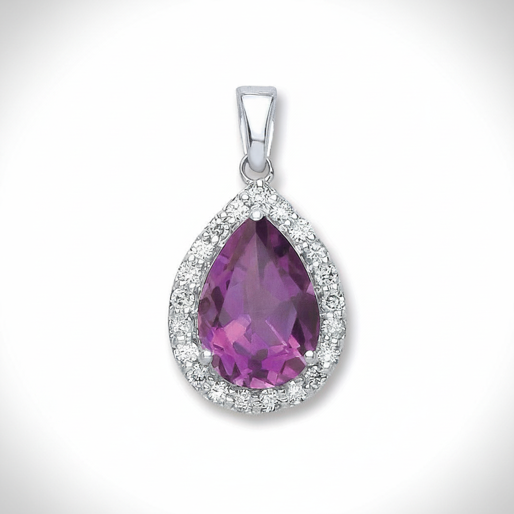 9ct White Gold 0.20ct Diamond 1.75ct Amethyst Pear Shape Pendant