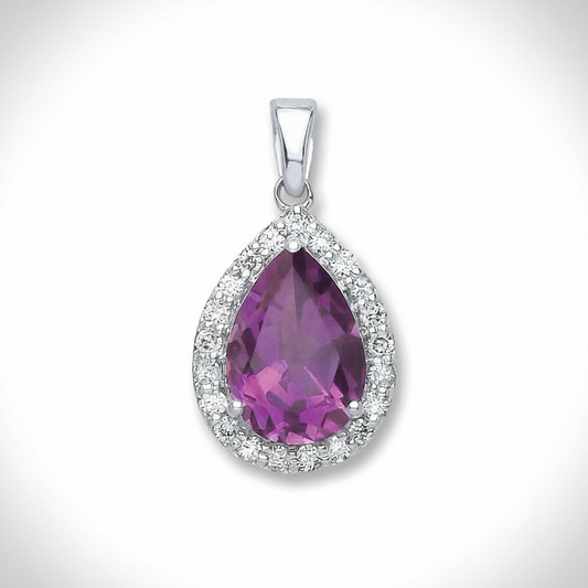 9ct White Gold 0.20ct Diamond 1.75ct Amethyst Pear Shape Pendant