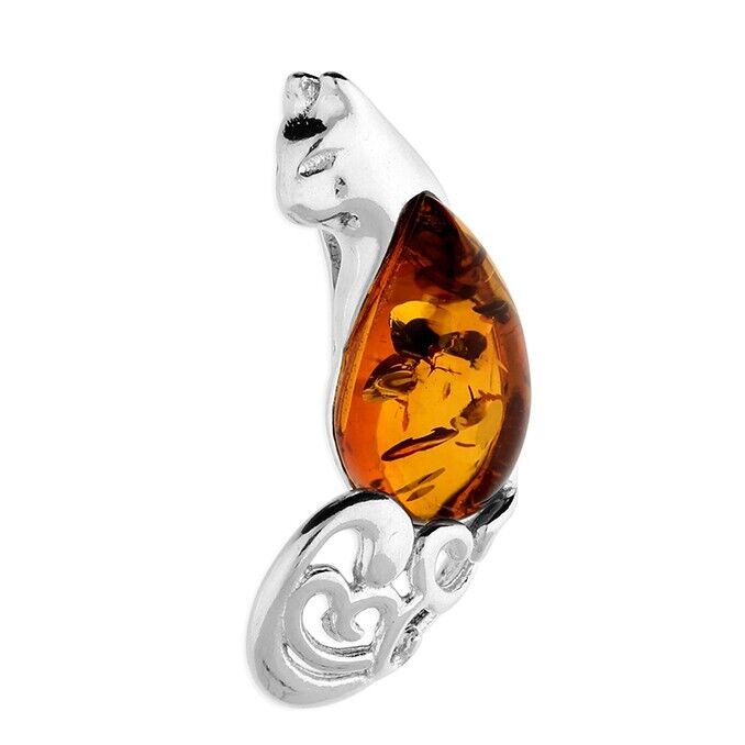 Cognac Amber Cute Sitting Cat Pendant and Chain Solid Sterling Silver 925
