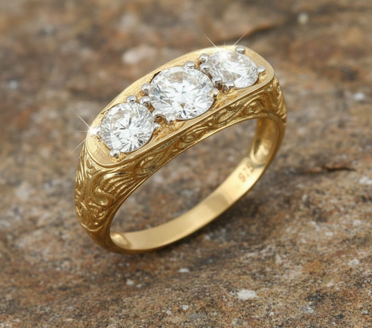 9ct Yellow Gold Gents Three Stone Ring Trilogy Fully Hallmarked