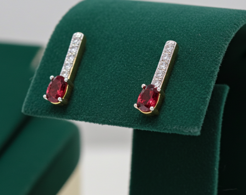18ct Gold Ruby Drop Stud Earrings on Solid Sterling Silver 925 Hallmark