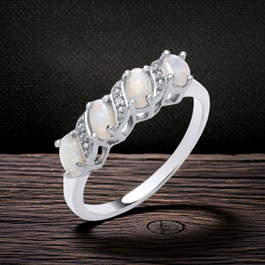 Natural Opal and Diamond Eternity Ring Solid Sterling Silver 925 Size J-V