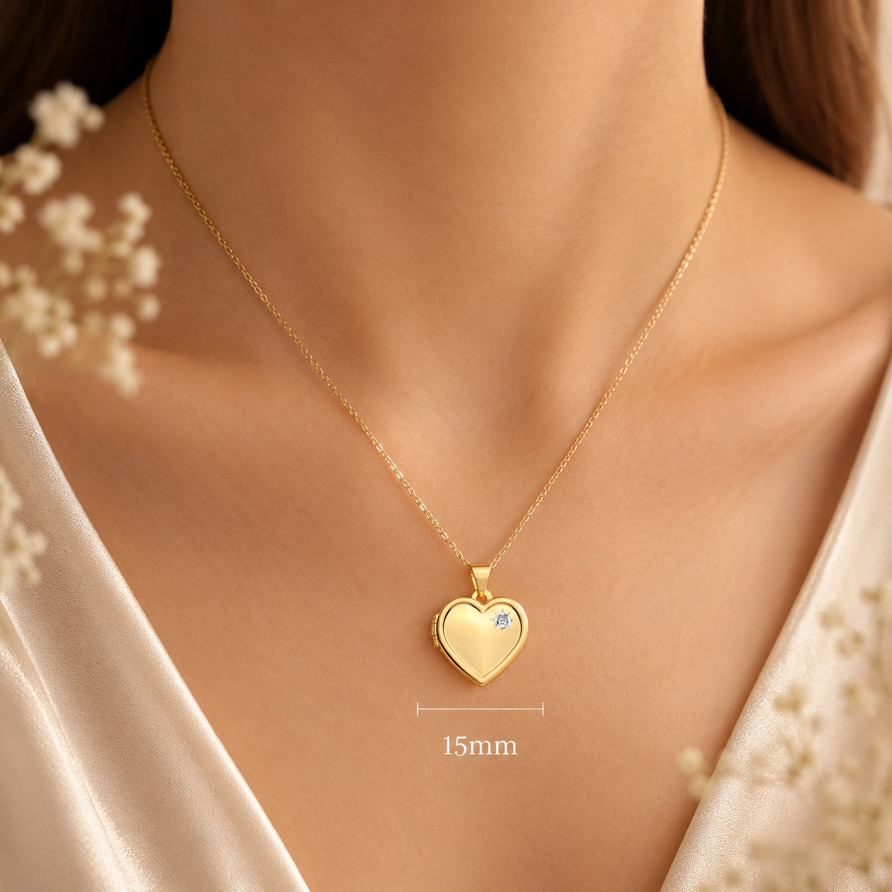 18ct Gold Heart Locket Pendant with Natural Diamond on Solid Silver 18" Chain