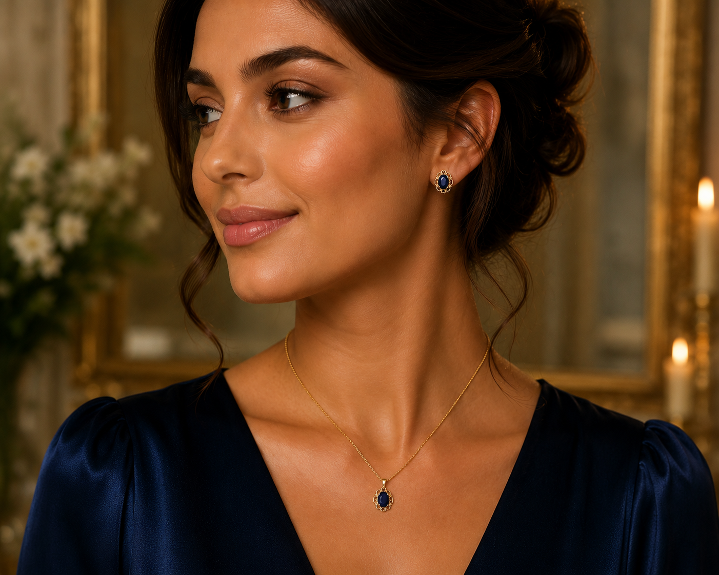 Yellow Gold Sapphire Pendant Necklace & Matching Earrings Jewellery Set
