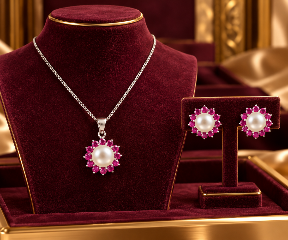 Real Ruby and Freshwater Pearl Jewellery Set Solid Sterling Silver 925 18" Chain