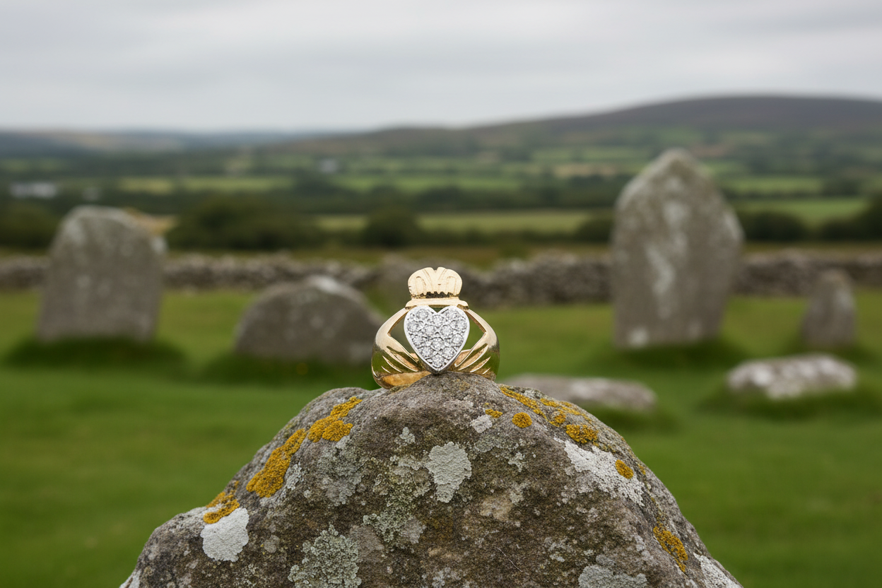 9ct yellow Gold Gents Claddagh Ring Gemstone Fully Hallmarked