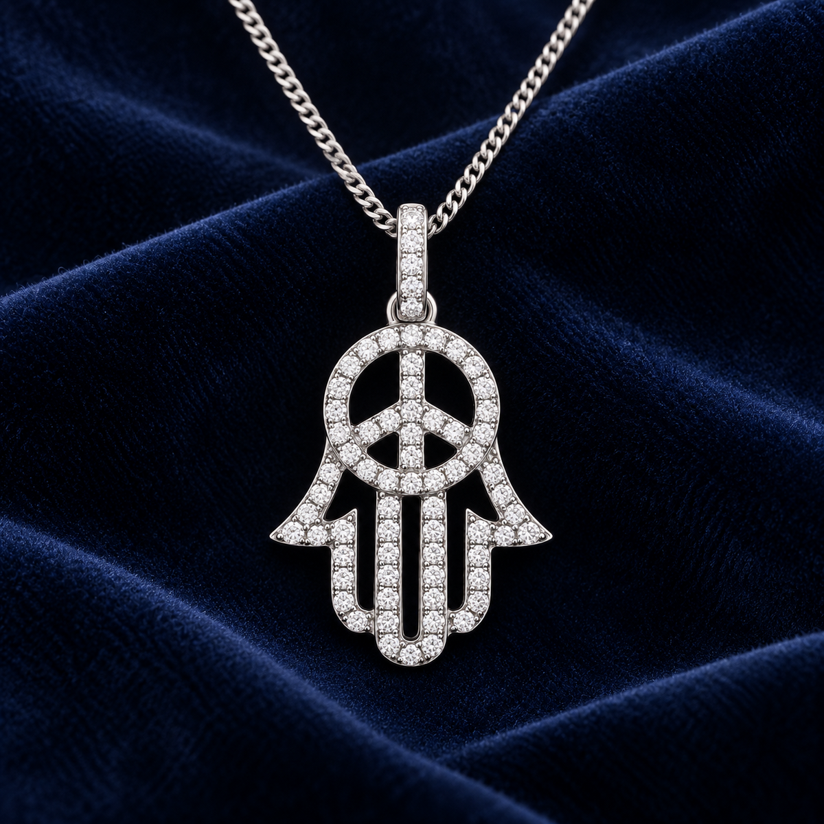 Real Diamond Hamsa Pendant Necklace 9ct White Gold 18" Chain 0.48ctw Diamonds
