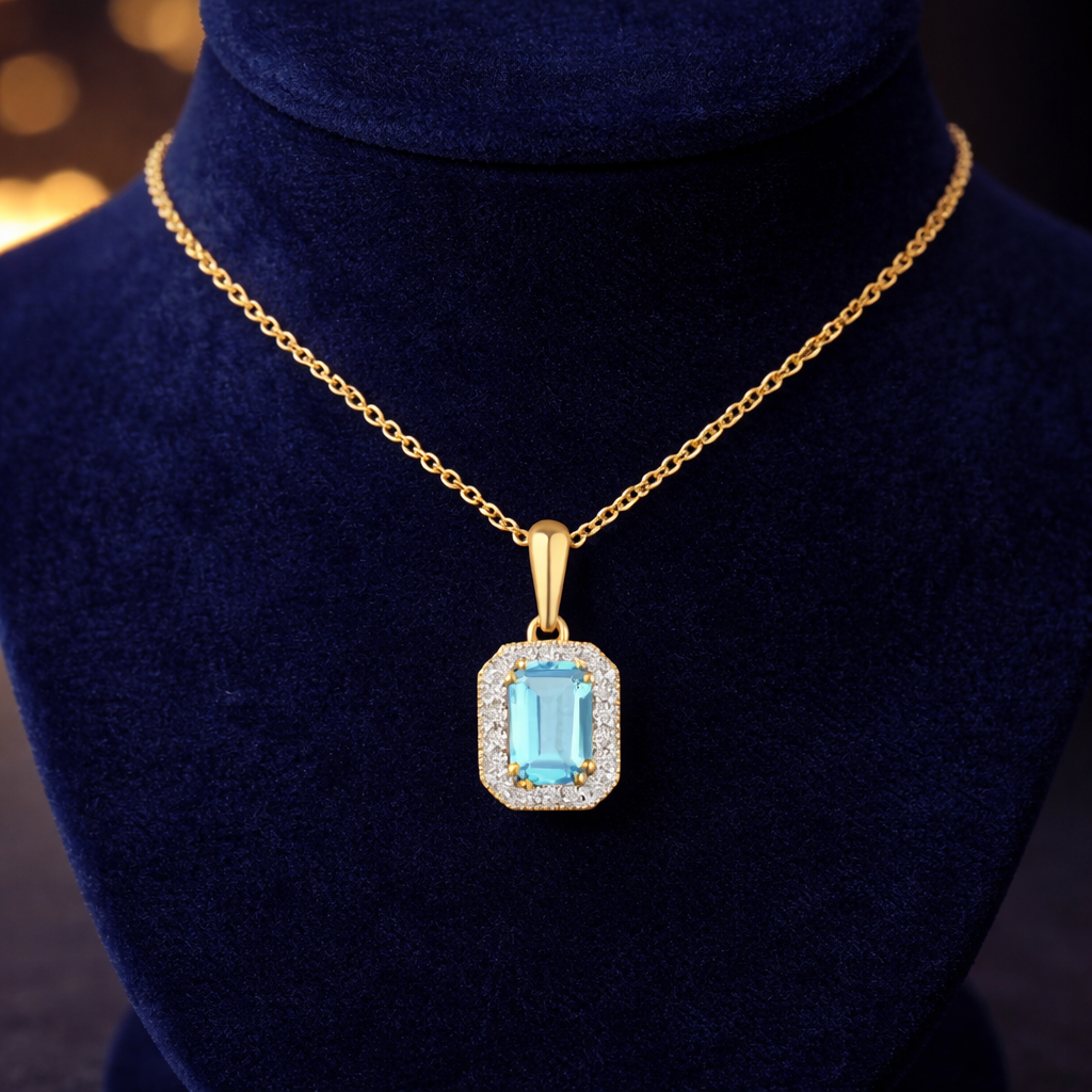Sky Blue Topaz Pendant With Diamond Halo Solid Yellow Gold 18" 46cm Length Chain