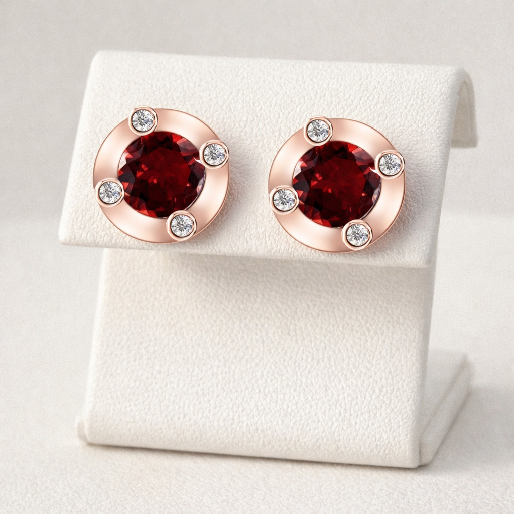9ct Rose Gold Garnet and Diamond Solitaire Stud Earrings Hallmarked