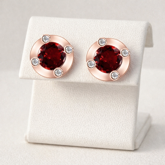 9ct Rose Gold Garnet and Diamond Solitaire Stud Earrings Hallmarked