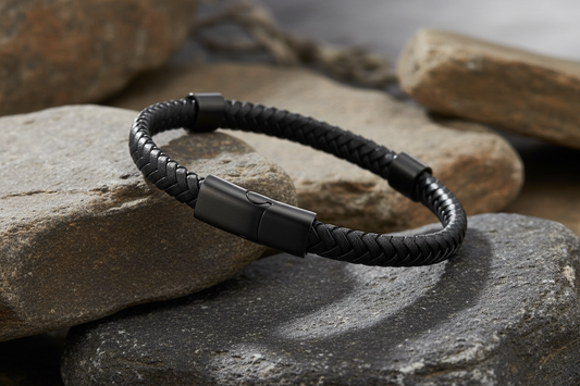 Fred Bennett Plaited Black Leather and Black IP Sections Bracelet 21cm B5322