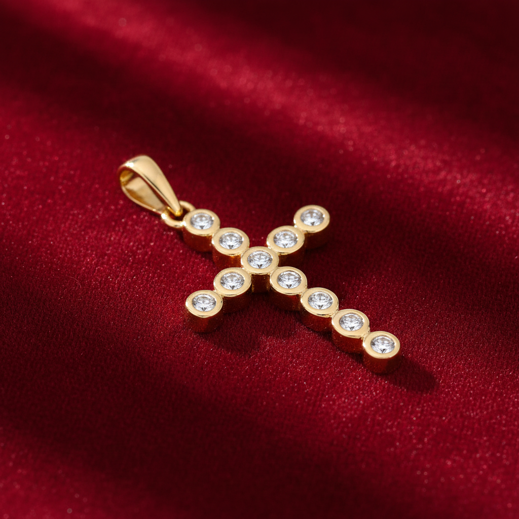 18ct Gold Zircon Cross Pendant on Solid Sterling Silver 925 Hallmark