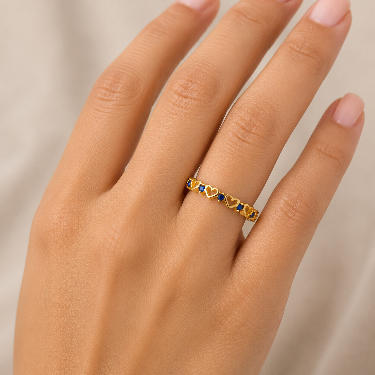9k Yellow Gold Blue Sapphire Heart Eternity Stacking Band Ring Sizes KLMNOPQRS
