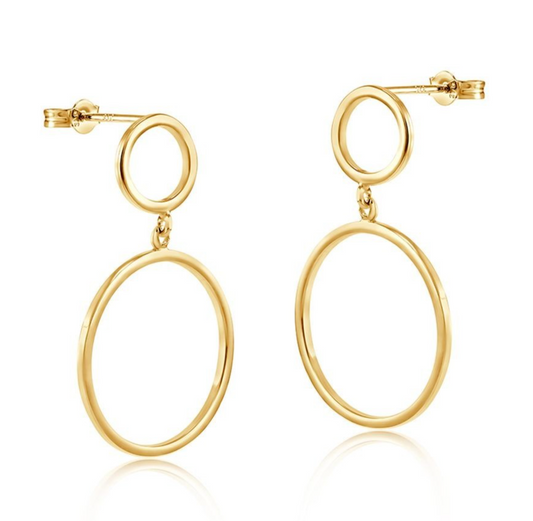 Open Circles Drop Earrings 9ct Yellow Gold 28mm Drops Hallmarked