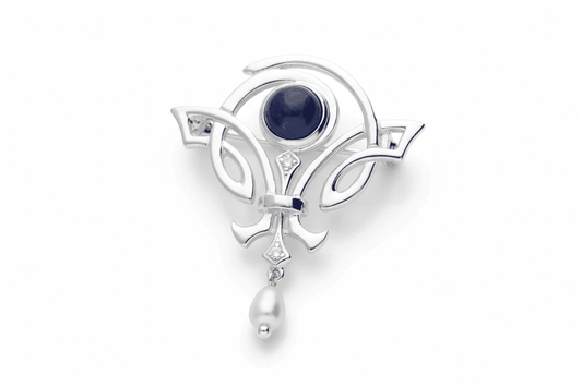 Art Nouveau Style Lapis & Freshwater Pearl Brooch 925 Sterling Silver