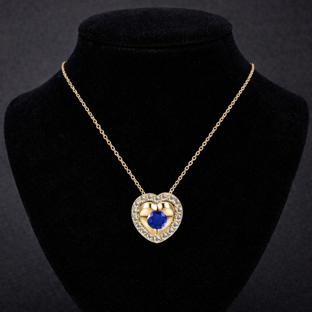 Sapphire Heart Necklace With Diamond Solid Yellow Gold 18" 46cm Length Chain