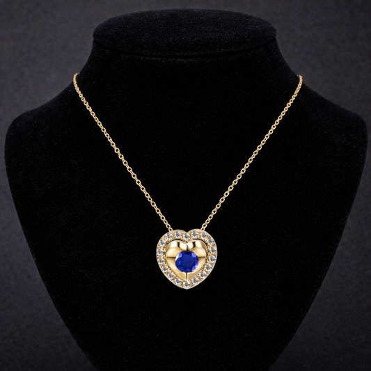 Sapphire Heart Necklace With Diamond Solid Yellow Gold 18" 46cm Length Chain