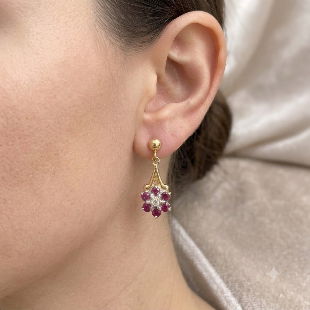 9ct Gold Ruby & Diamond Cluster Drop Dangle Earrings Vintage Floral Stud