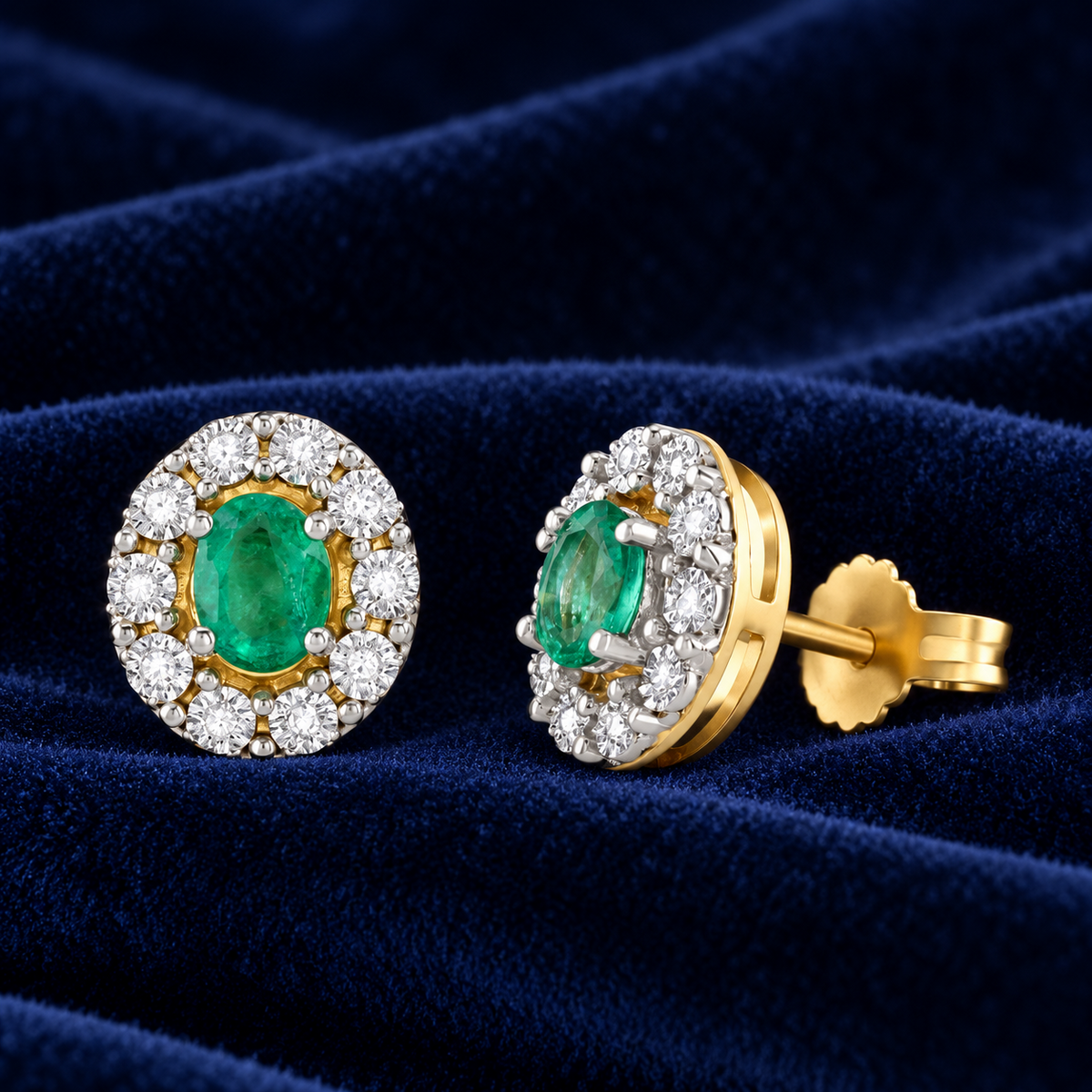 Emerald and Diamond Earrings 9ct Yellow Gold Oval Cluster Studs Natural Stones