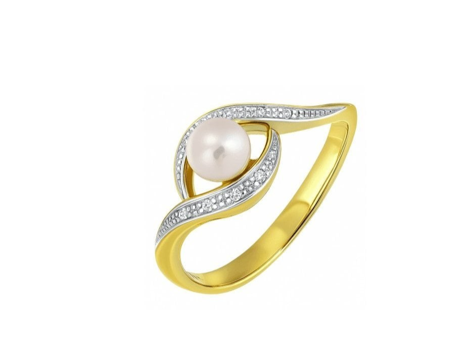 Elegant Yellow Gold Freshwater Pearl Swirl Ring with Sparkling Diamond Accents