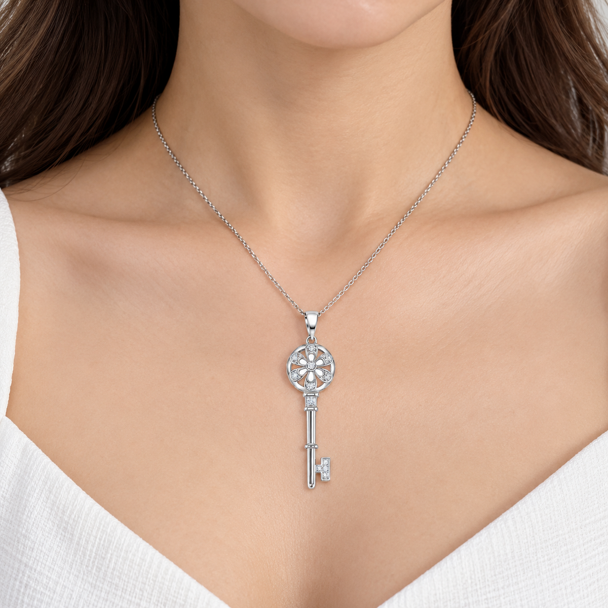 Diamond Floral Key Pendant 9ct White Gold 18" / 45cm Natural Premium Diamonds