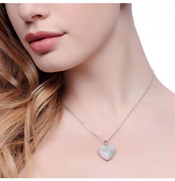 Micro Pave Set Heart Pendant Sterling Silver 16-18" Chain Luxurious Packaging