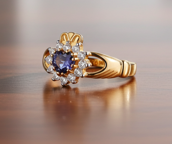 18ct Gold Tanzanite Claddagh Ring on Solid Sterling Silver 925 Hallmark