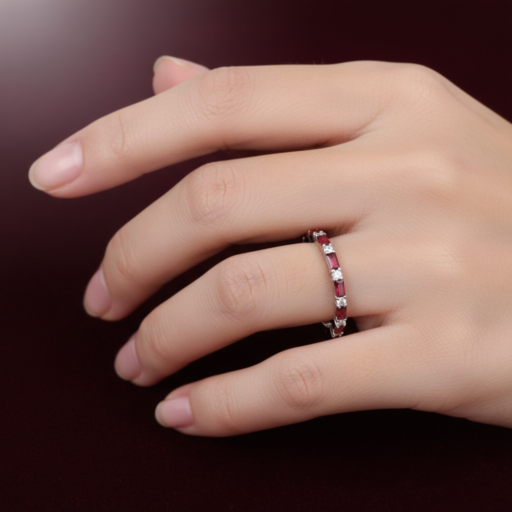 Sterling Silver Ruby Baguette Eternity Ring Anniversary Band 925 Size K-S